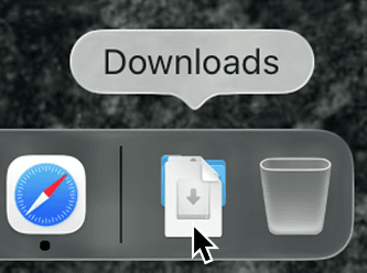 macOS Dock with Downloads stack and pointer