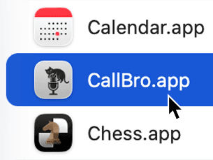 Finder Applications list with CallBro selected